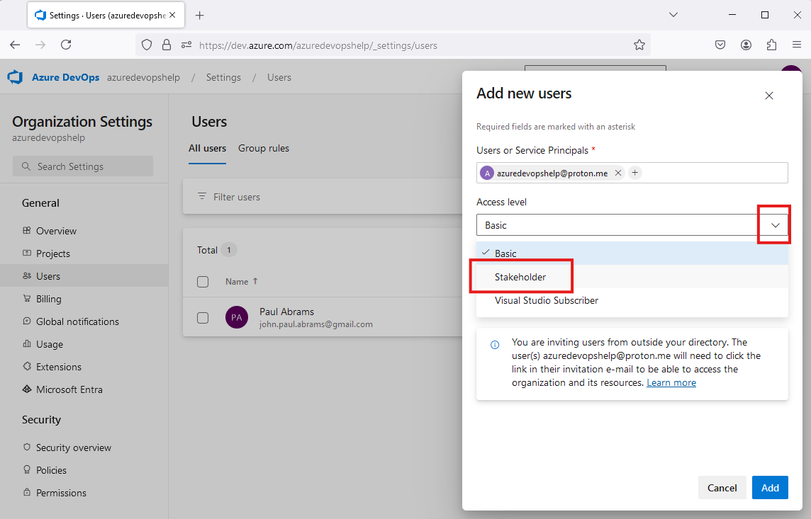 Select user access level