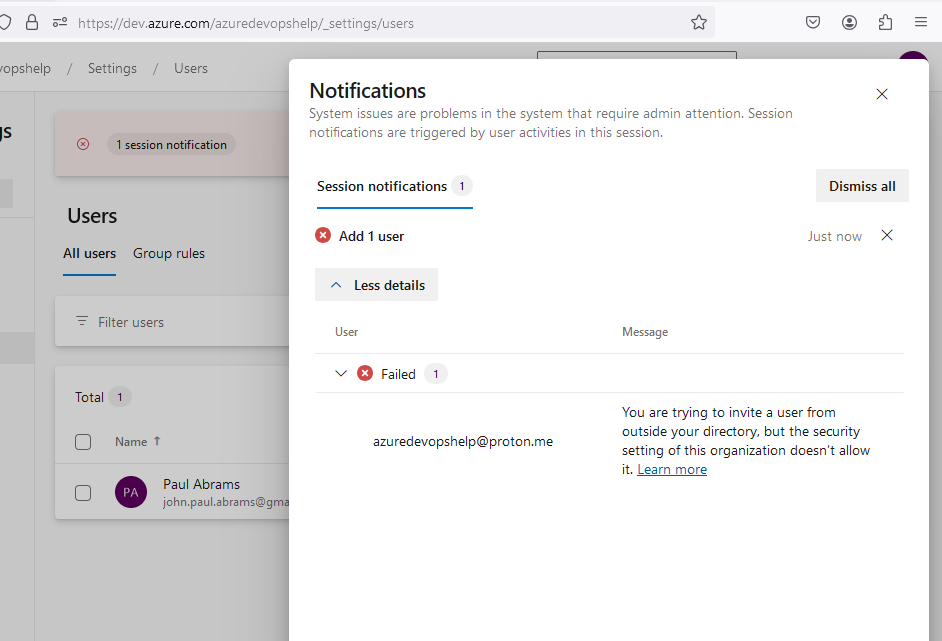Failed to add user due to external users disabled